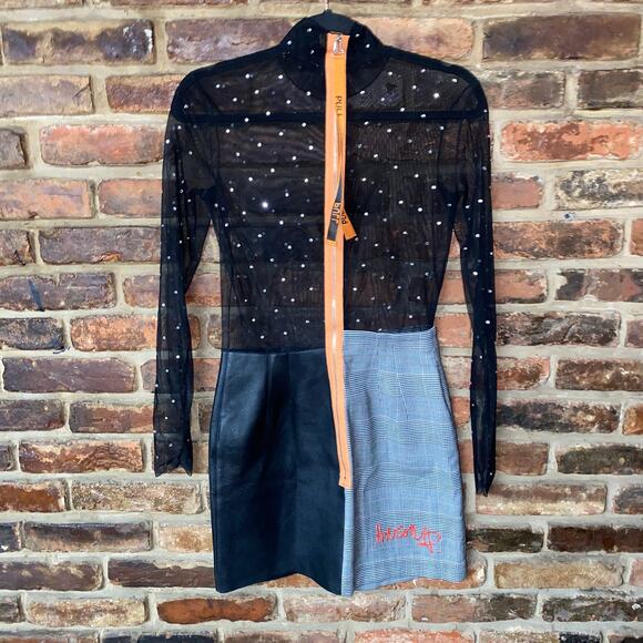 Heron Preston High Neck Rhinestone Mesh Leather Wool Mini Dress Size Small - Picture 6 of 10